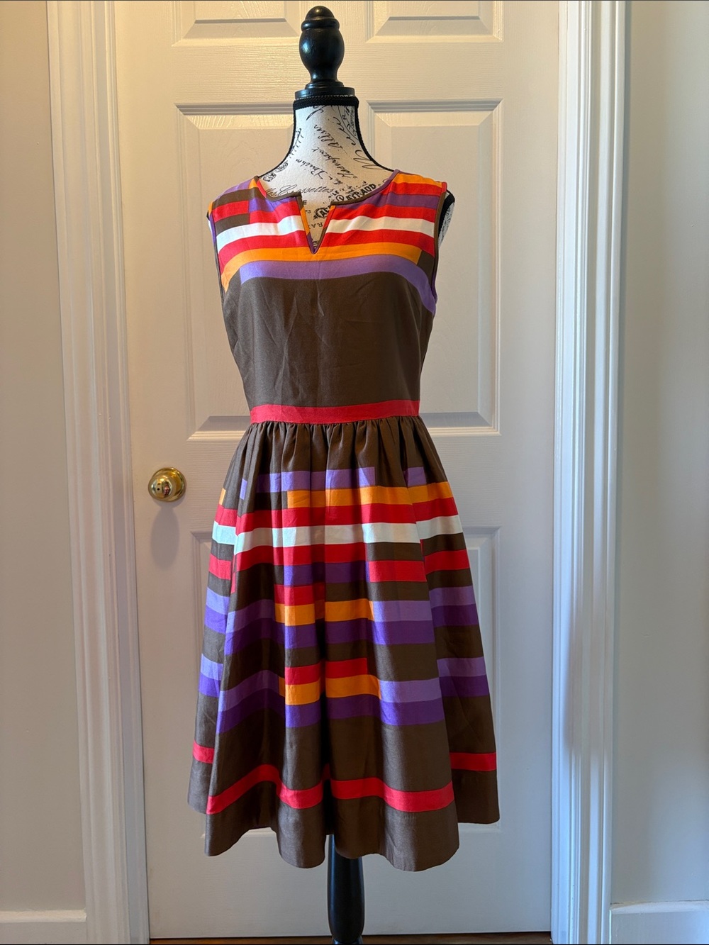 Kate Spade ♠️ Brown Midi Dress with Red, Purple, Orange and White Stripes